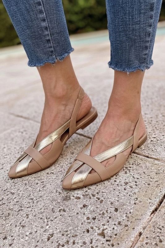 Chic Brown and Gold Metallic Pointed-Toe Cut-Out Slingback Flats