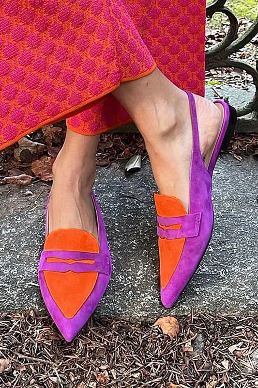 Purple Colour-Block Pointed-Toe Slingback Flats with Patchwork Design