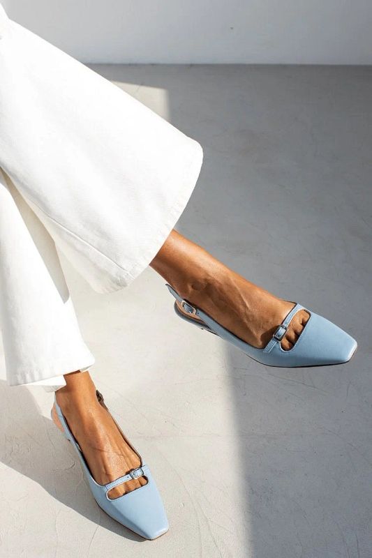 Light Blue Leather Square-Toe Cut-Out Slingback Flats