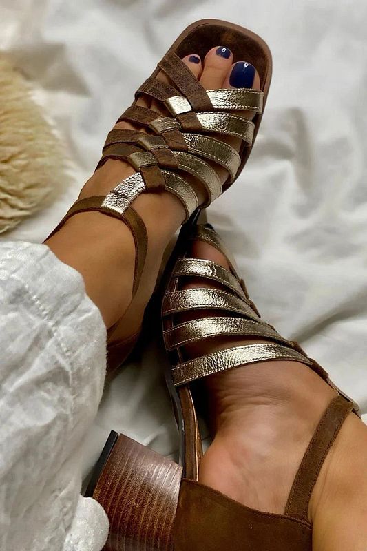 Brown Asymmetric Sandals with Woven Straps and Cut-Out Chunky Heel