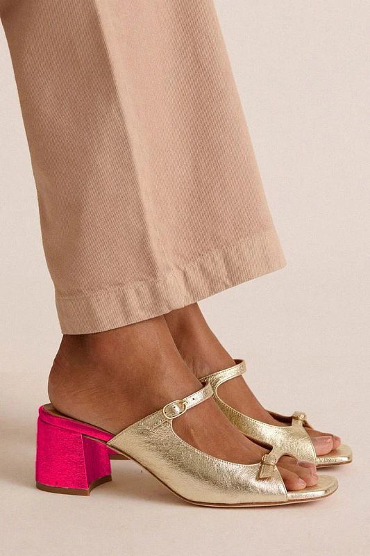 Gold Colour-Block Cut-Out Slingback Block Heels