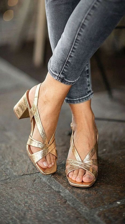 Metallic Gold Square-Toe Slingback Block Heels