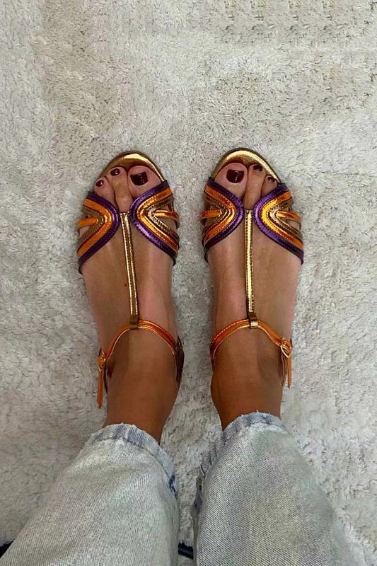 Multicolour and Gold Peep-Toe Sandals with Buckle and T-Bar Strap