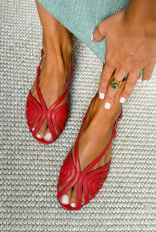 Red Leather Summer Flat Peep-Toe Cage Sandals with Straps