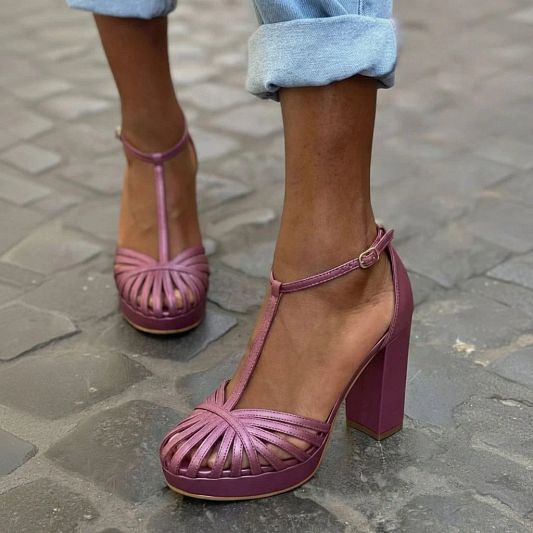 Purple Round-Toe Platform Sandals with T-Bar Strap and Wide Block Heel