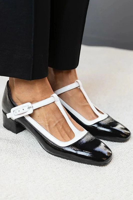 Black Colour-Block Square-Toe Block Heels with Buckle and T-Bar Strap [Pre-Order]