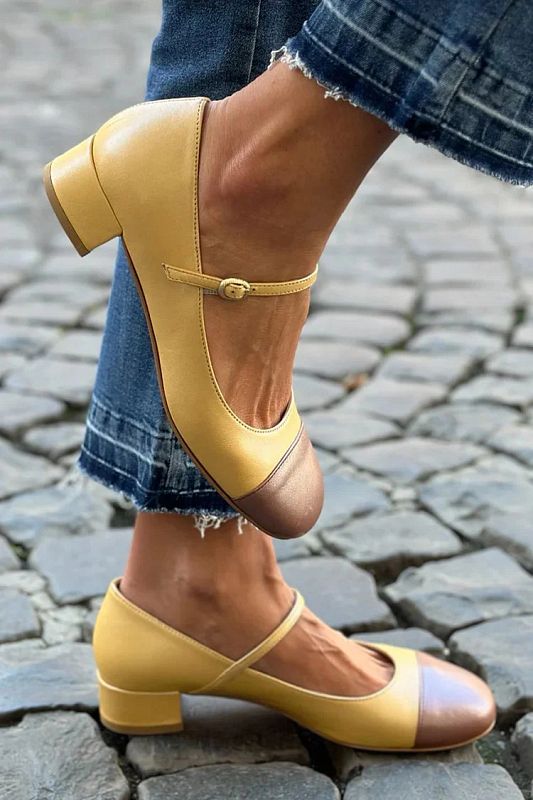 Yellow Colour-Block Block Heels with Square Toe and Instep Strap