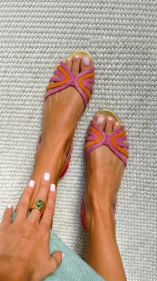 Orange and Pink Strappy Flat Peep-Toe Sandals