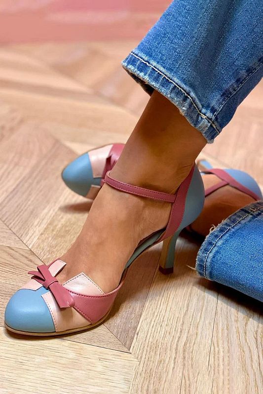 Blue Stiletto Court Shoes with Bow, Closed Round Toe and Ankle Strap