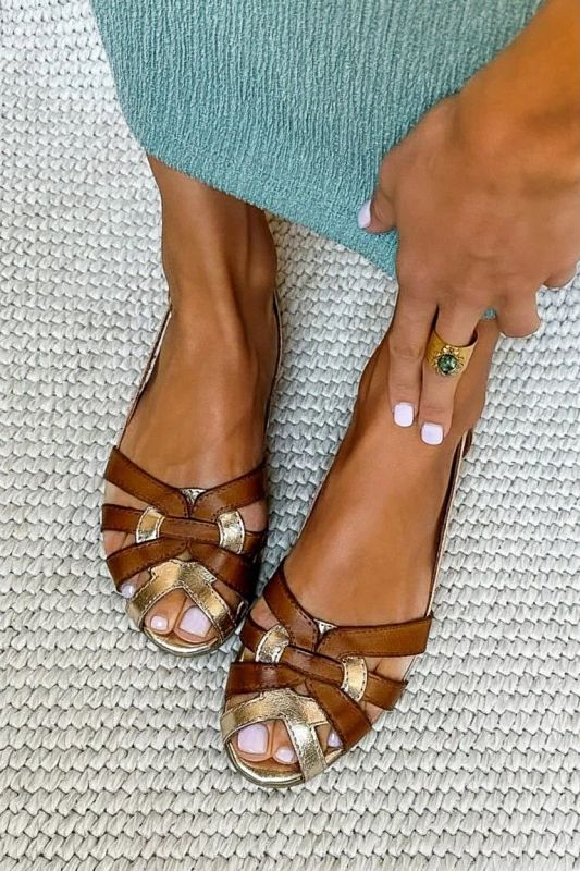 Brown Metallic Woven Summer Flat Strappy Sandals