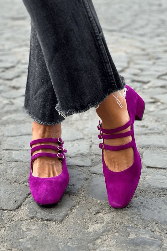 Purple Square-Toe Block Heels with Buckle