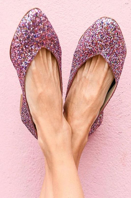 Purple Pointed-Toe Slip-On Flats with Glittering Sequins