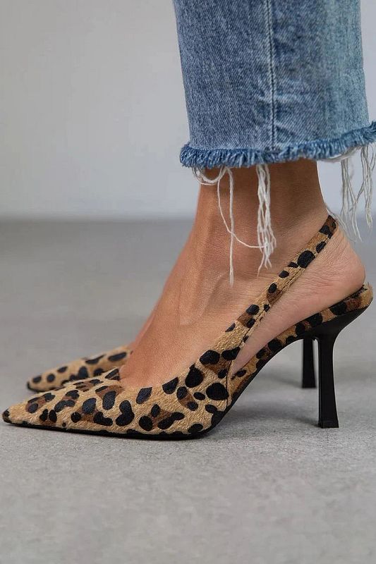 Khaki Leopard-Print Pointed-Toe Slingback Stilettos