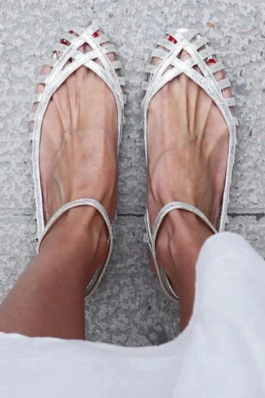 Silver Cut-Out Round-Toe Sandals with Ankle Strap