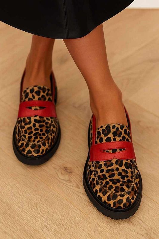 Red Leopard-Print Colour-Block Chunky Loafers