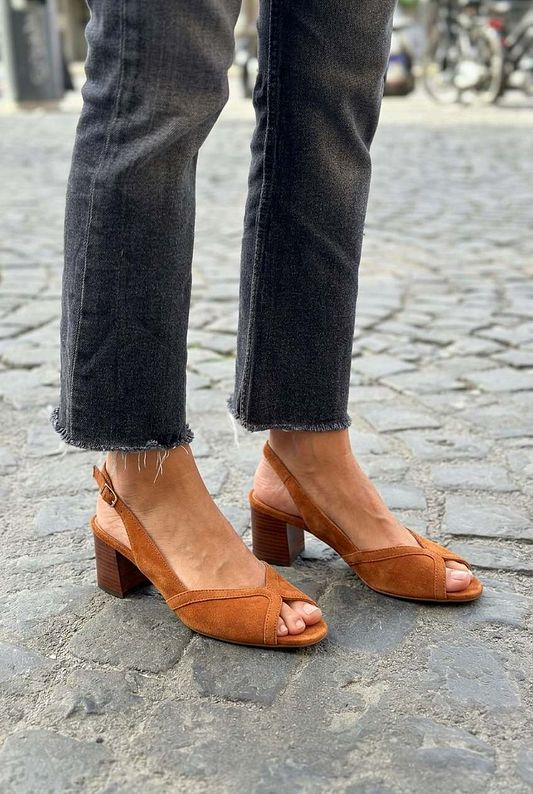 Suede Open-Toe Slingback Block Heels with Crossover Straps