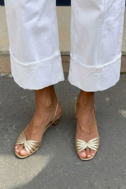 Metallic Gold Low-Heel Sandals with Crossover Straps and Heel Strap