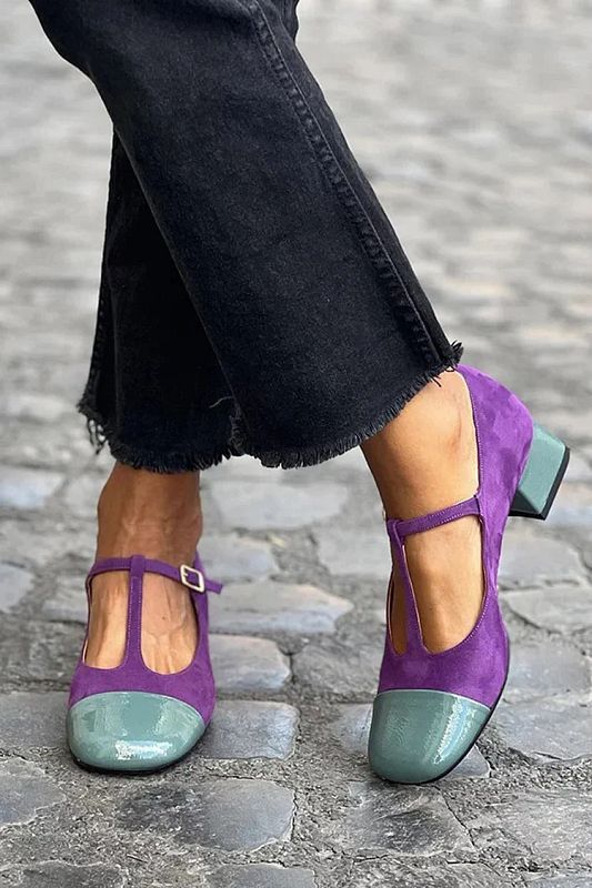 Purple Colour-Block Round-Toe Block Heels with Buckle and T-Bar Strap