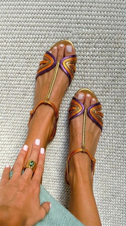Purple and Gold Metallic Peep-Toe Sandals with T-Bar Strap