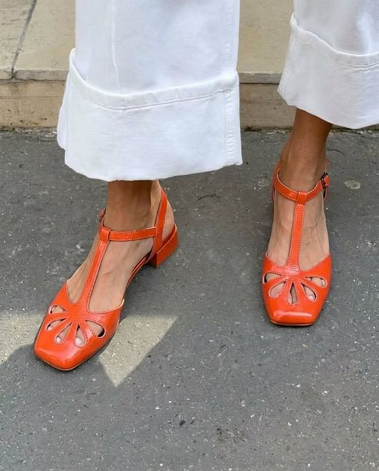 Orange Floral Cut-Out Square-Toe Block Heels with T-Bar Strap