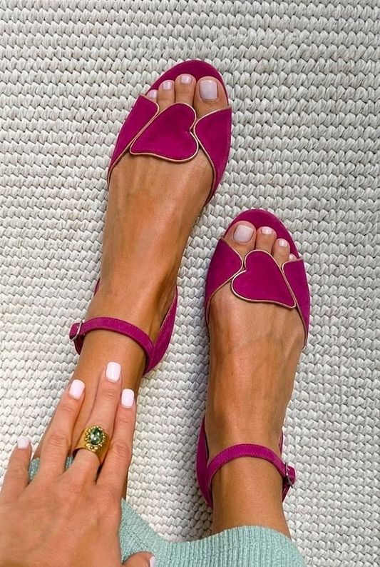 Magenta Flat Open-Toe Sandals with Ankle Strap and Heart Detail