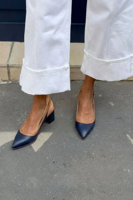 Two-Tone Navy Pointed-Toe Slingback Block Heels