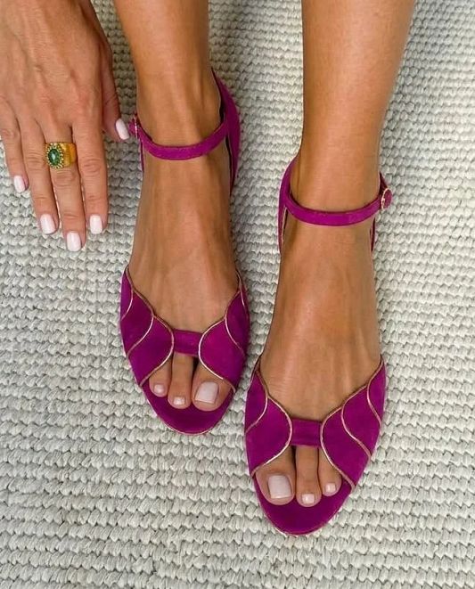 Magenta Suede Flats with Scalloped Peep Toe and Ankle Strap