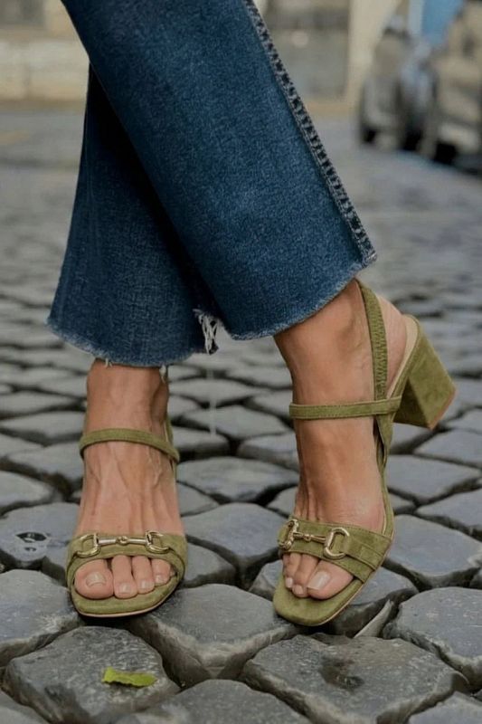 Olive Green Suede Slingback Sandals with Block Heel
