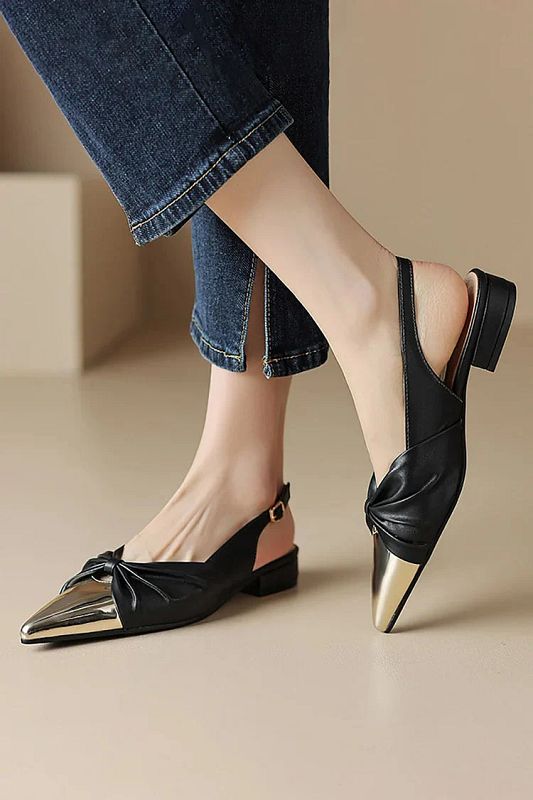 Pointed-Toe Slingback Flats with Metal Bow and Stitching