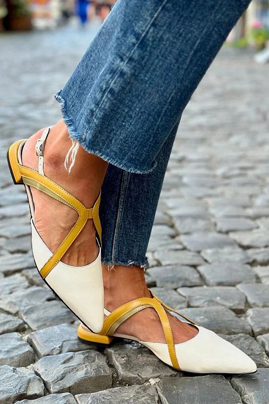 White Pointed-Toe Flats with Back Strap and Matching Buckle