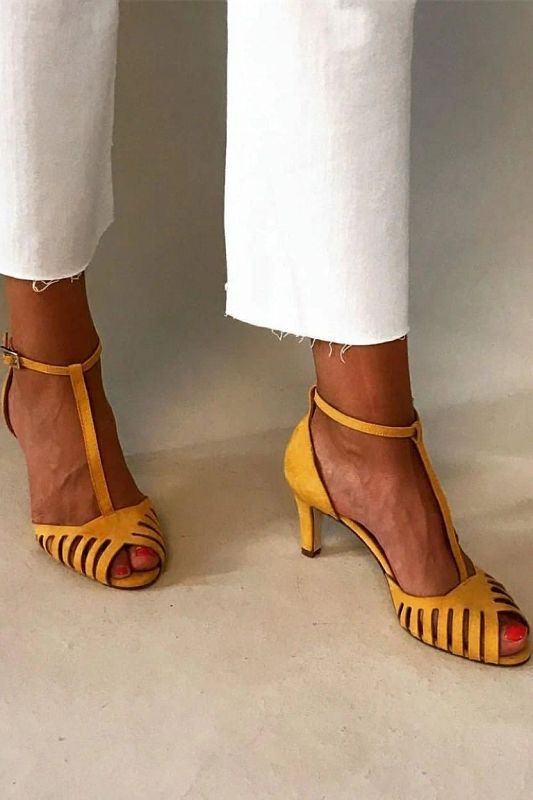Yellow Suede Open-Toe Cut-Out Sandals with T-Bar Strap