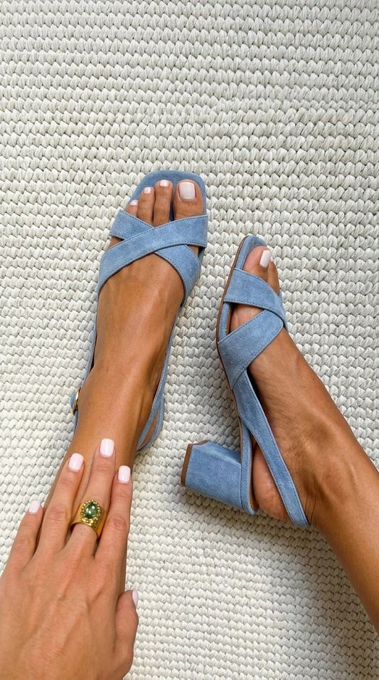 Light Blue Square-Toe Slingback Block Heels with Crossover Straps