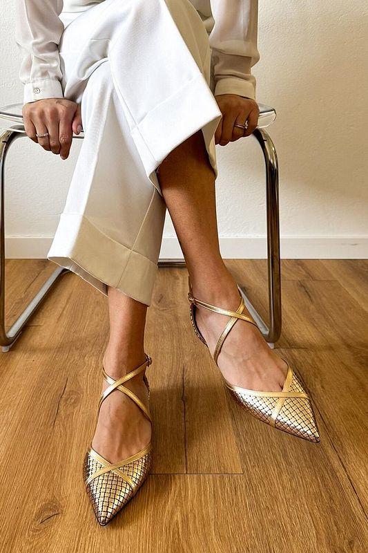 Shiny Metallic Gold Pointed-Toe Flats with Buckle and Crossover Straps