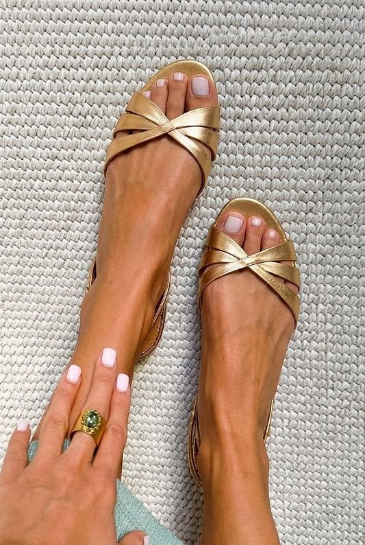 Metallic Gold Flat Open-Toe Slingback Sandals with Crossover Straps