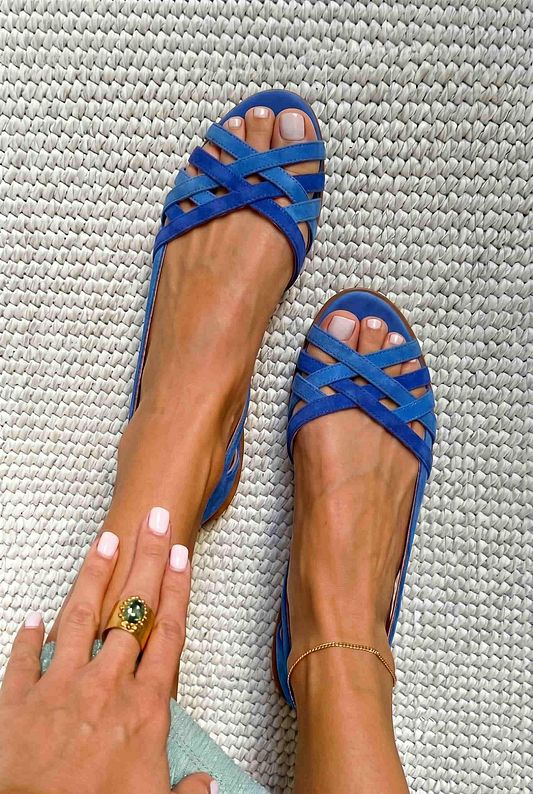 Suede Flat Open-Toe Sandals with Crossover Straps