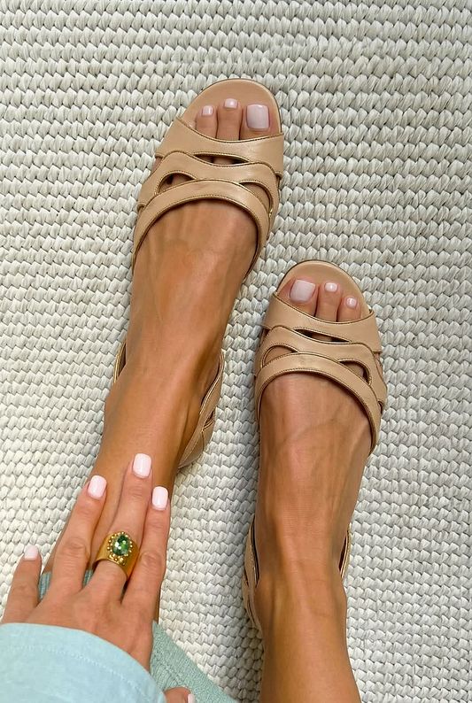 Beige Flat Sandals with Cut-Out Straps and Peep Toe