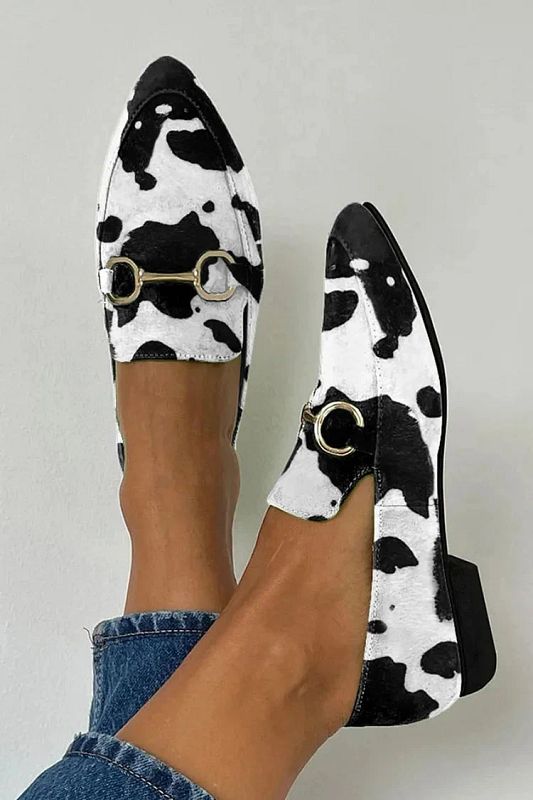 Black Pointed-Toe Cow-Print Flats with Metal Buckle