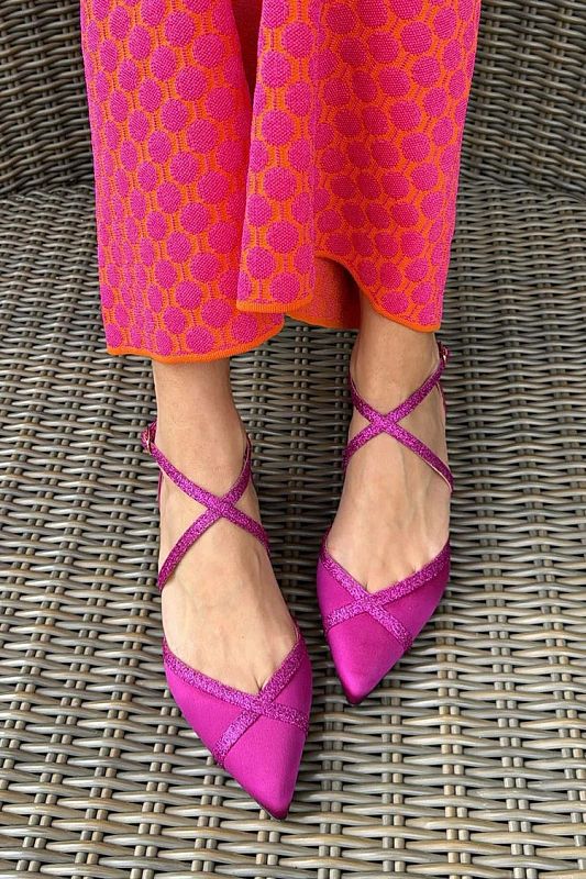 Fuchsia Pointed-Toe Flats with Buckle, Crossover Strap and Glitter Patchwork