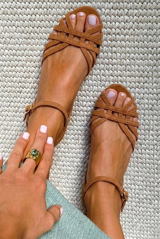 Tan Suede Flat Sandals with Ankle Buckle and Multiple Straps