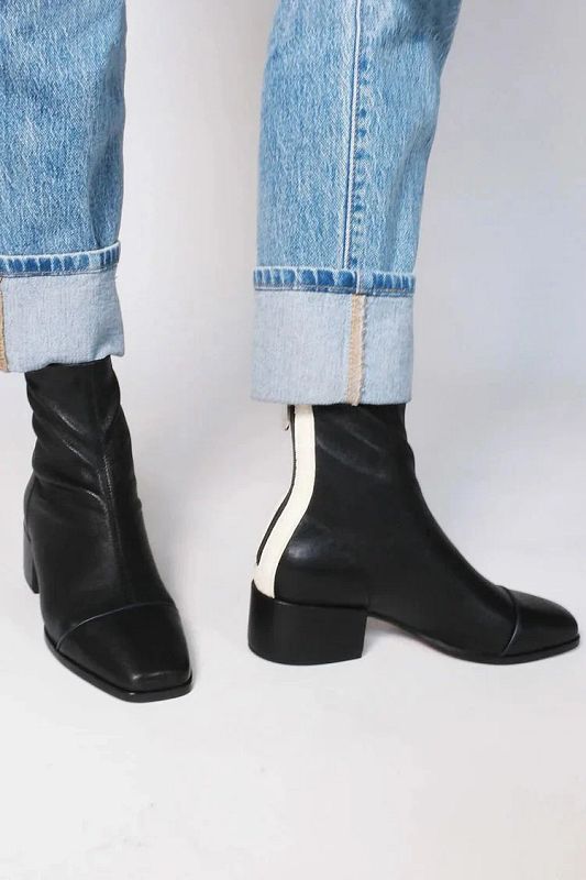Black Colour-Block Square-Toe Ankle Boots with Zip and Low Block Heel