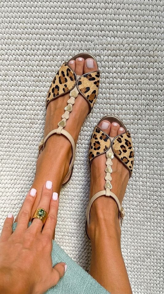 Gold Leopard-Print Pony Hair Peep-Toe Sandals with T-Bar Strap and Heart