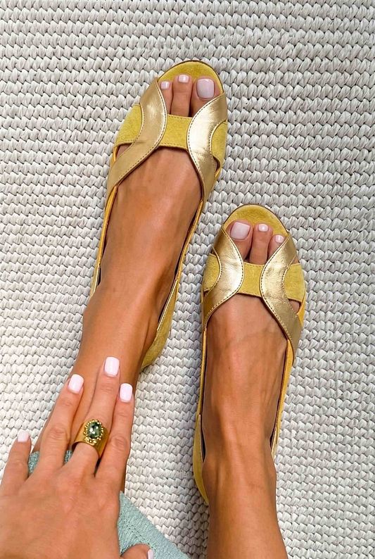 Yellow Metallic Suede Open-Toe Slip-On Flats
