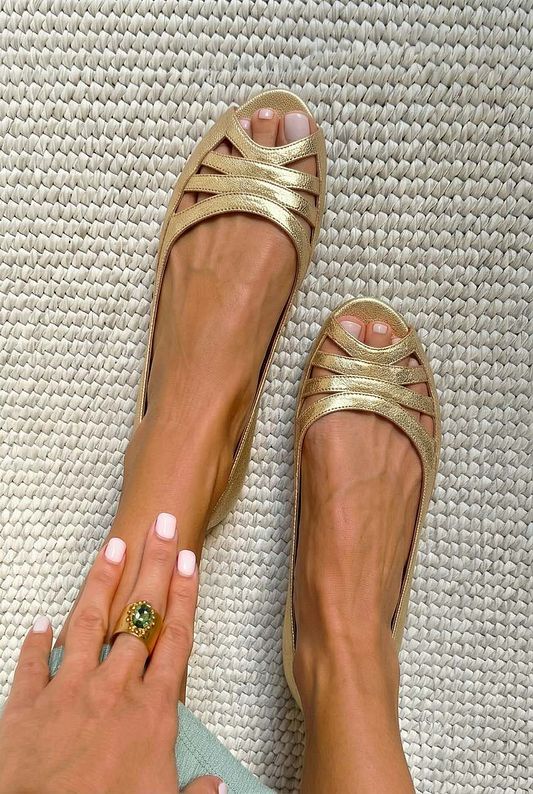 Gold Flat Sandals with Crossover Design and Open Toe