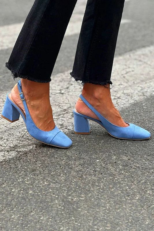 Blue Patchwork Chunky Heels with Back Strap and Square Toe