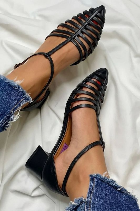 Black Pointed-Toe Cage Sandals with T-Bar Strap and Block Heel