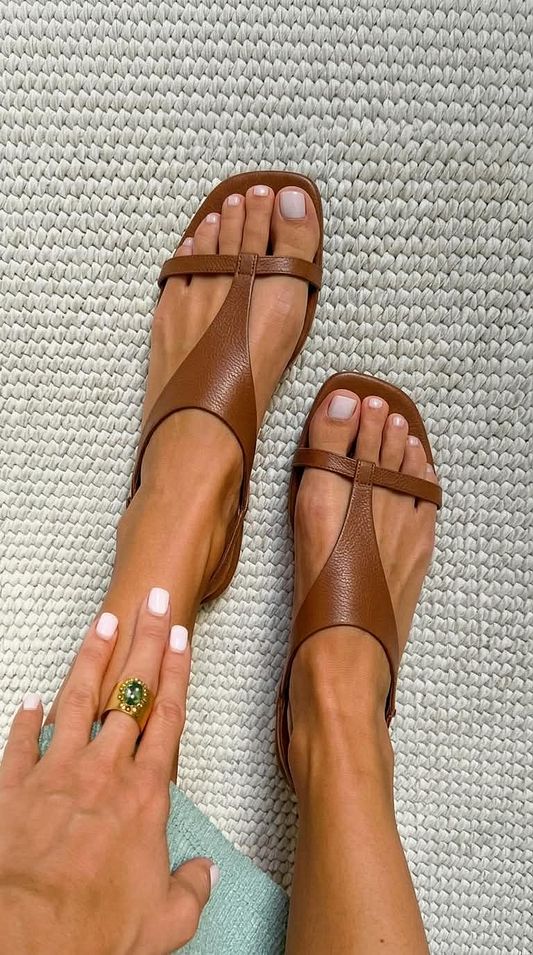 Cognac Leather Square-Toe Flat Slingback Sandals