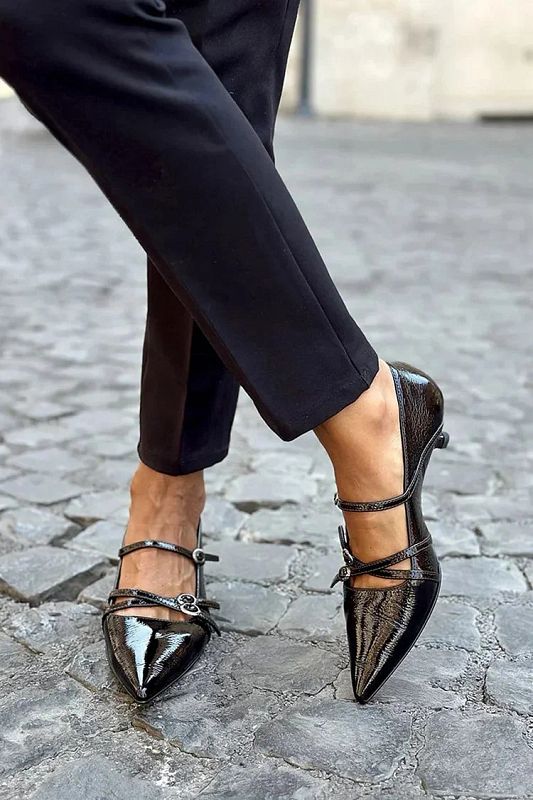Black Pointed-Toe Stilettos with Multiple Straps and Buckles