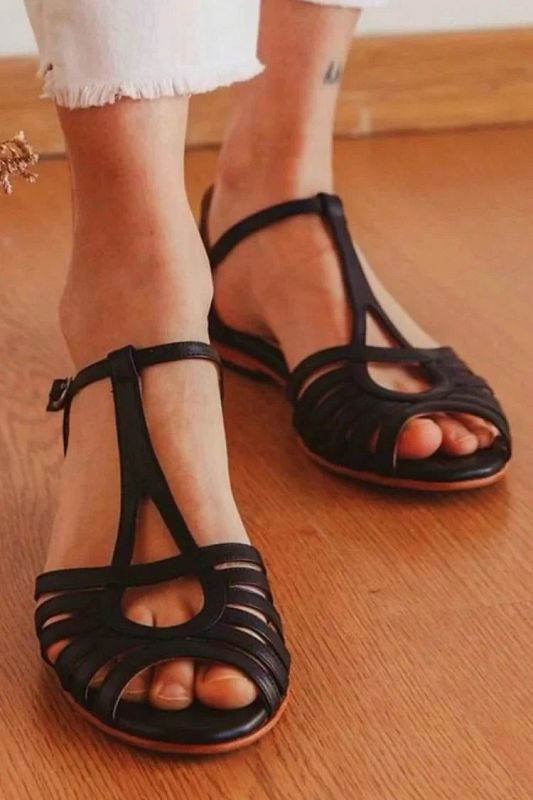 Black Solid-Colour Peep-Toe Cut-Out Sandals