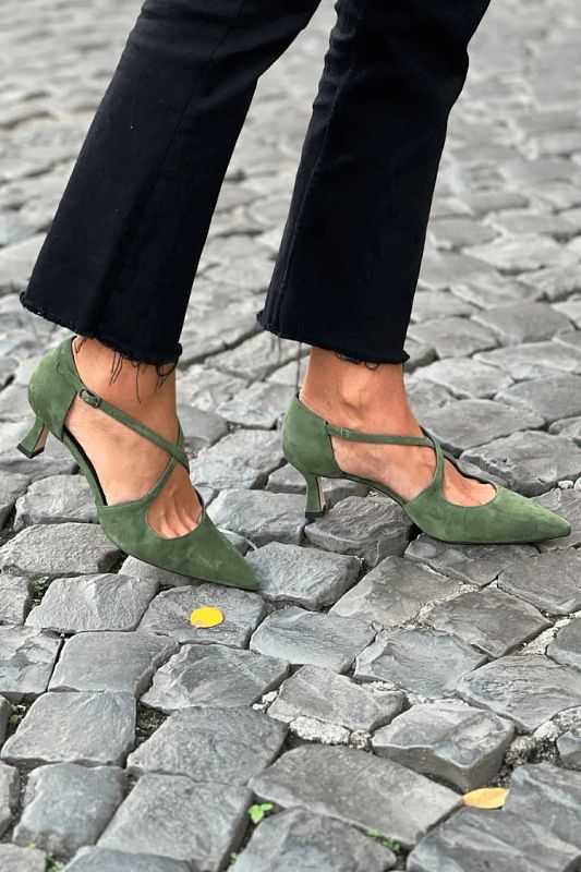 Green Suede Pointed-Toe Kitten Heels with Crossover Straps