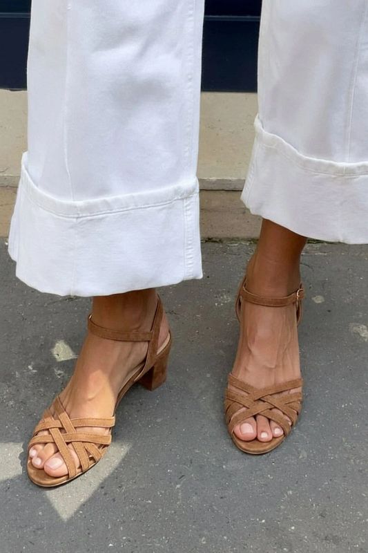 Camel Suede Sandals with Ankle Buckle and Crossover Straps